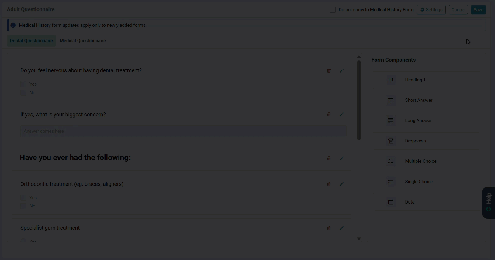 Adding a form component to a questionnaire